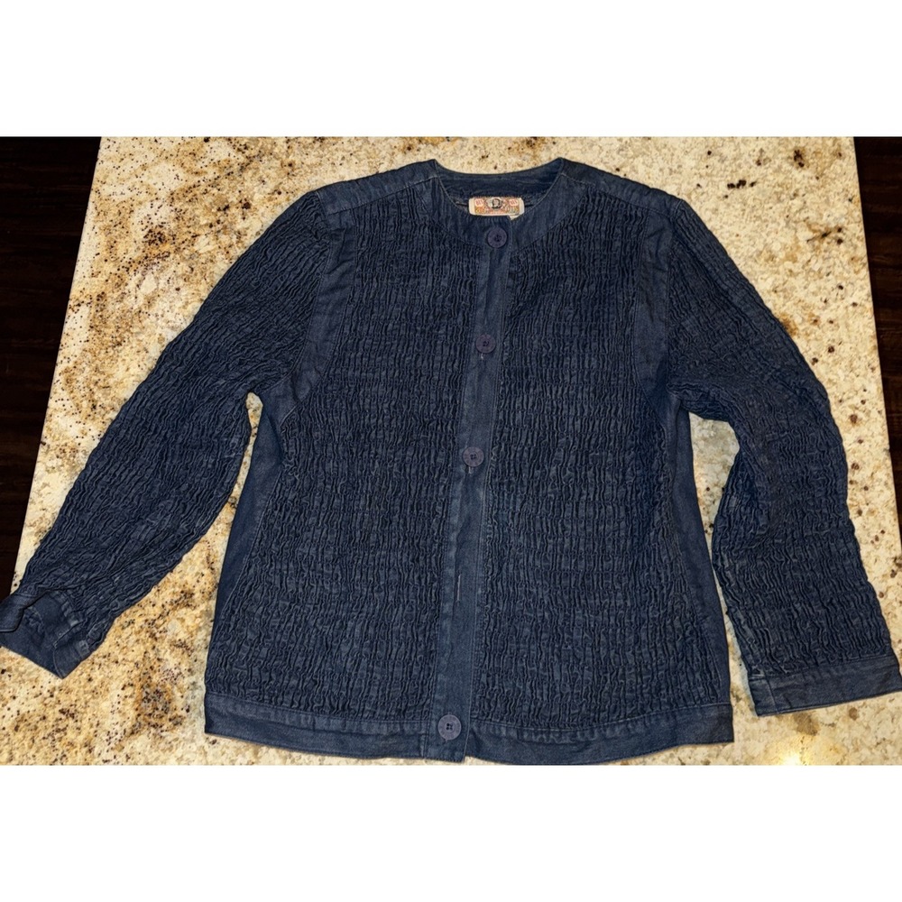 Gene Ewing Bis Wrinkled Denim Jacket Womens M Blue Sunwashed Button Front Vtg